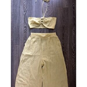 Beige Botany Butter Yellow Two Piece Set Wide Leg Pants and Bandeau Top Coastal
